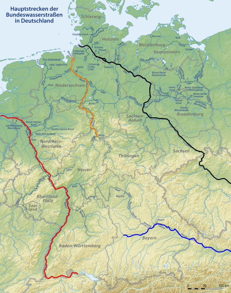 Deutschlandkarte mit den Flüssen Rhein, Donau, Elbe und Weser hervorgehoben